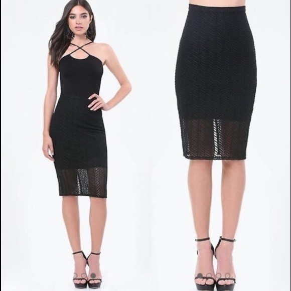 bebe Lace Skirt Sheer Mesh Black Midi Pencil Knee Length size S - Picture 3 of 17